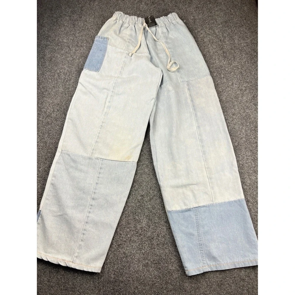 Patchwork Wide Leg Denim Pants Urban‎ Renewal Reworked Drawstring Streetwear S/M